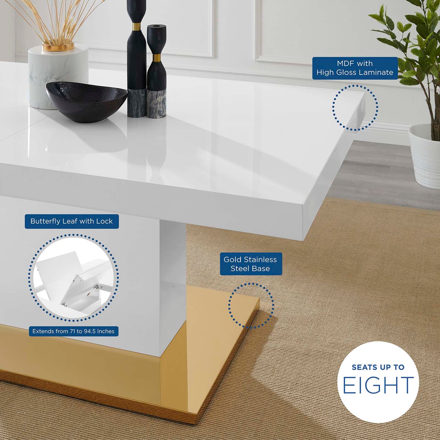 Vector Expandable Dining Table, Wood, Metal Steel, White Gold, 23325