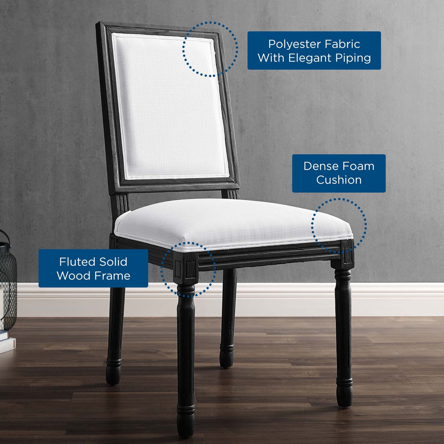 Court French Vintage Upholstered Fabric Dining Side Chair, Fabric, Wood, Black White, 23158