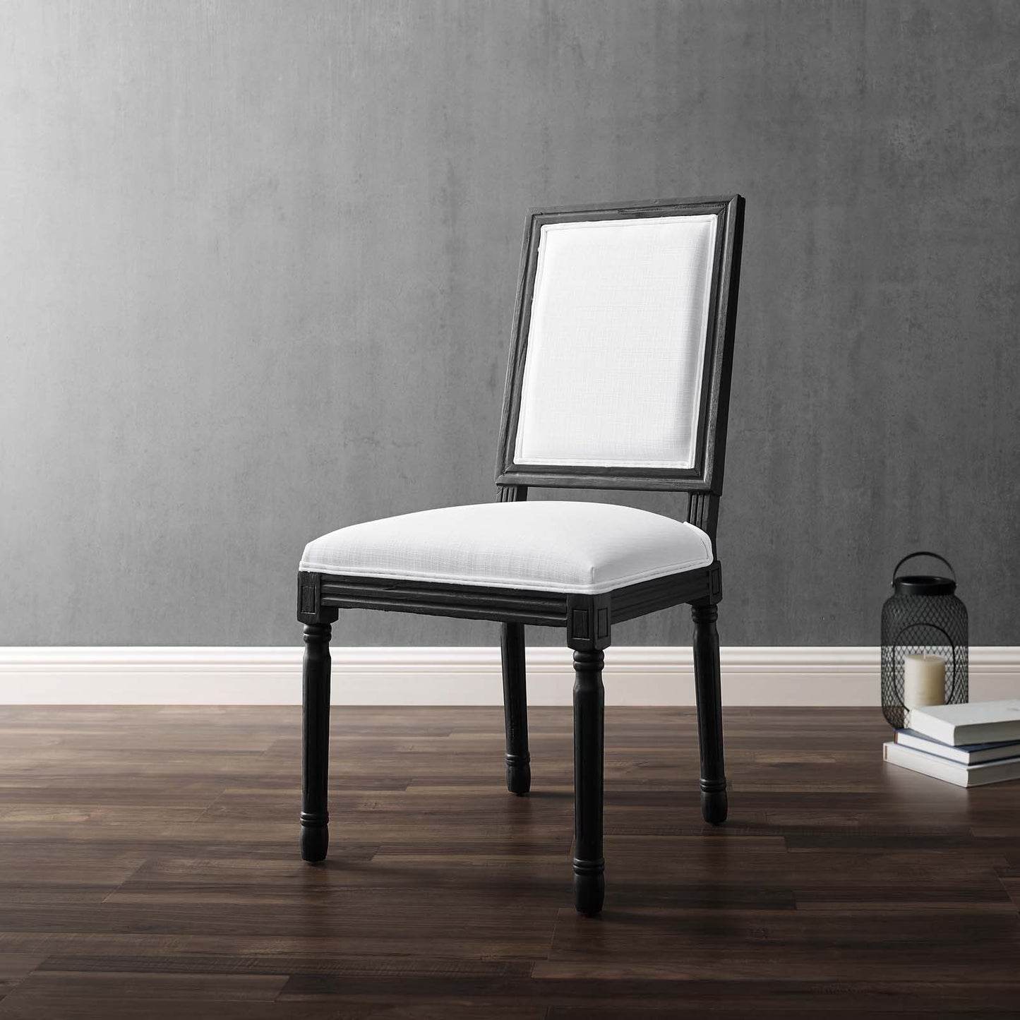Court French Vintage Upholstered Fabric Dining Side Chair, Fabric, Wood, Black White, 23158
