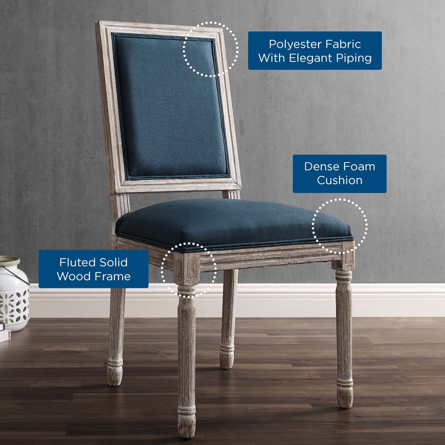 Court French Vintage Upholstered Fabric Dining Side Chair, Fabric, Wood, Brown Natural Blue, 23159