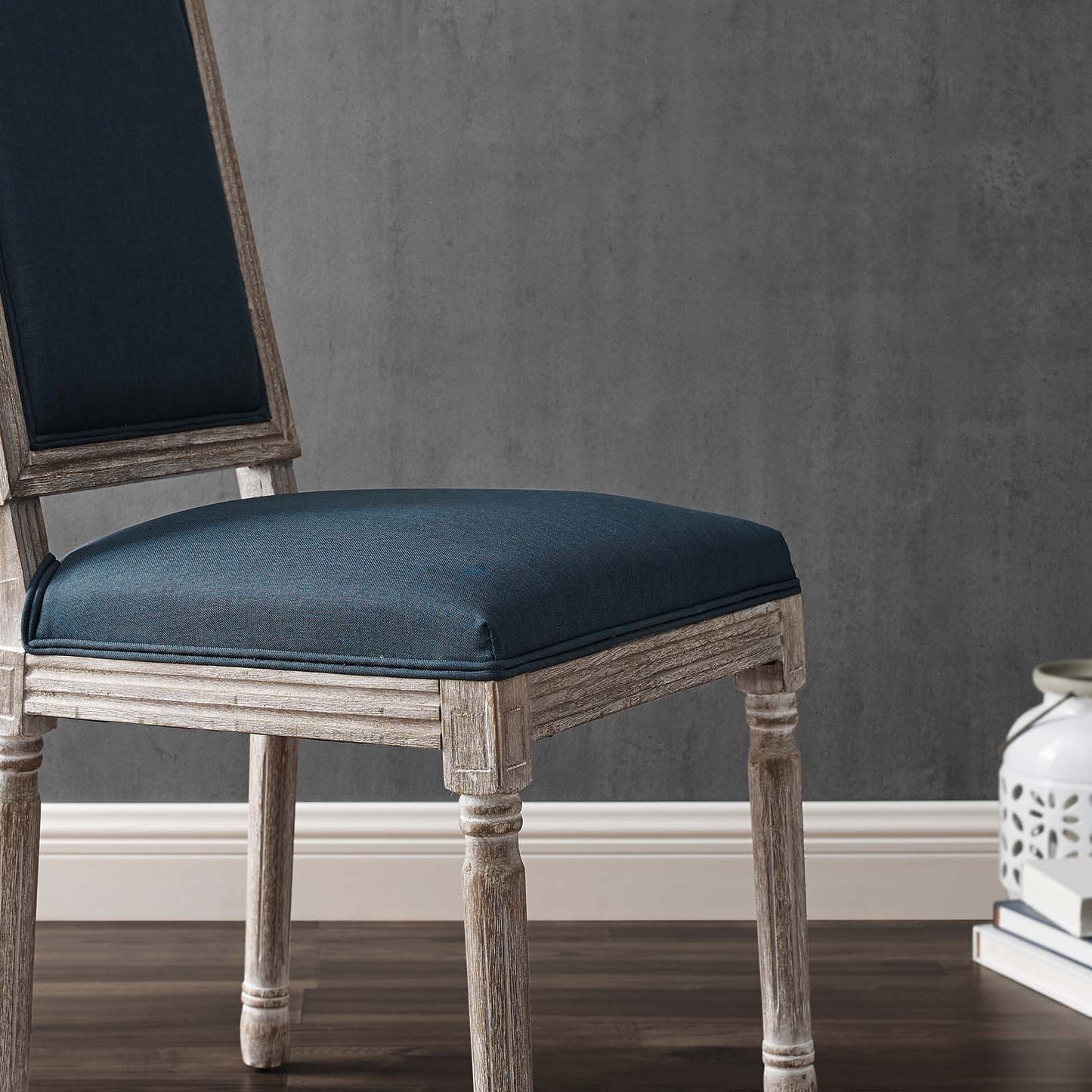 Court French Vintage Upholstered Fabric Dining Side Chair, Fabric, Wood, Brown Natural Blue, 23159