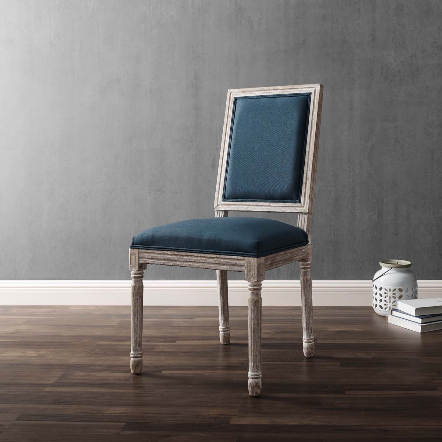 Court French Vintage Upholstered Fabric Dining Side Chair, Fabric, Wood, Brown Natural Blue, 23159
