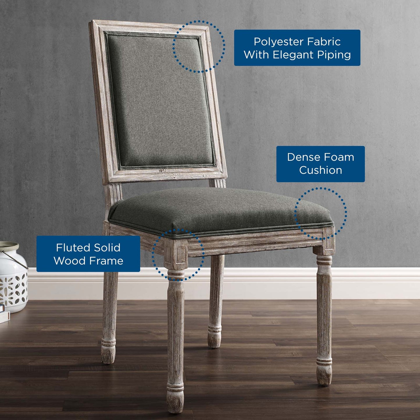 Court French Vintage Upholstered Fabric Dining Side Chair, Fabric, Wood, Brown Natural Grey Gray, 23160