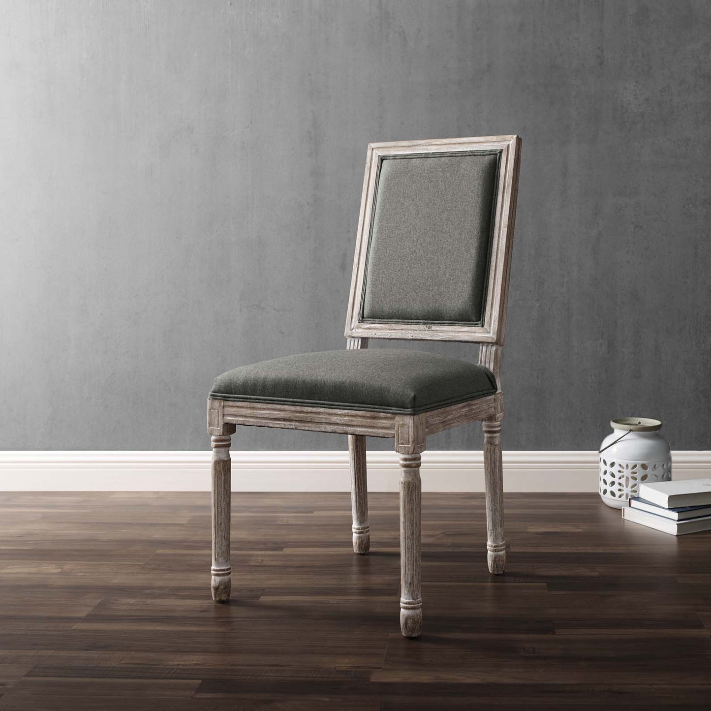 Court French Vintage Upholstered Fabric Dining Side Chair, Fabric, Wood, Brown Natural Grey Gray, 23160