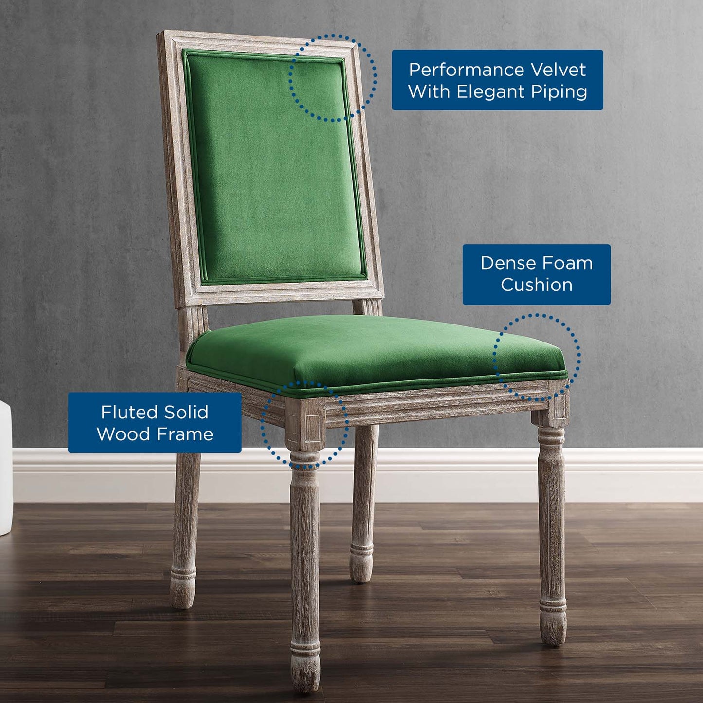 Court French Vintage Performance Velvet Dining Side Chair, Velvet, Wood, Brown Natural Green, 23258