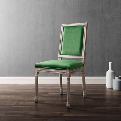 Court French Vintage Performance Velvet Dining Side Chair, Velvet, Wood, Brown Natural Green, 23258