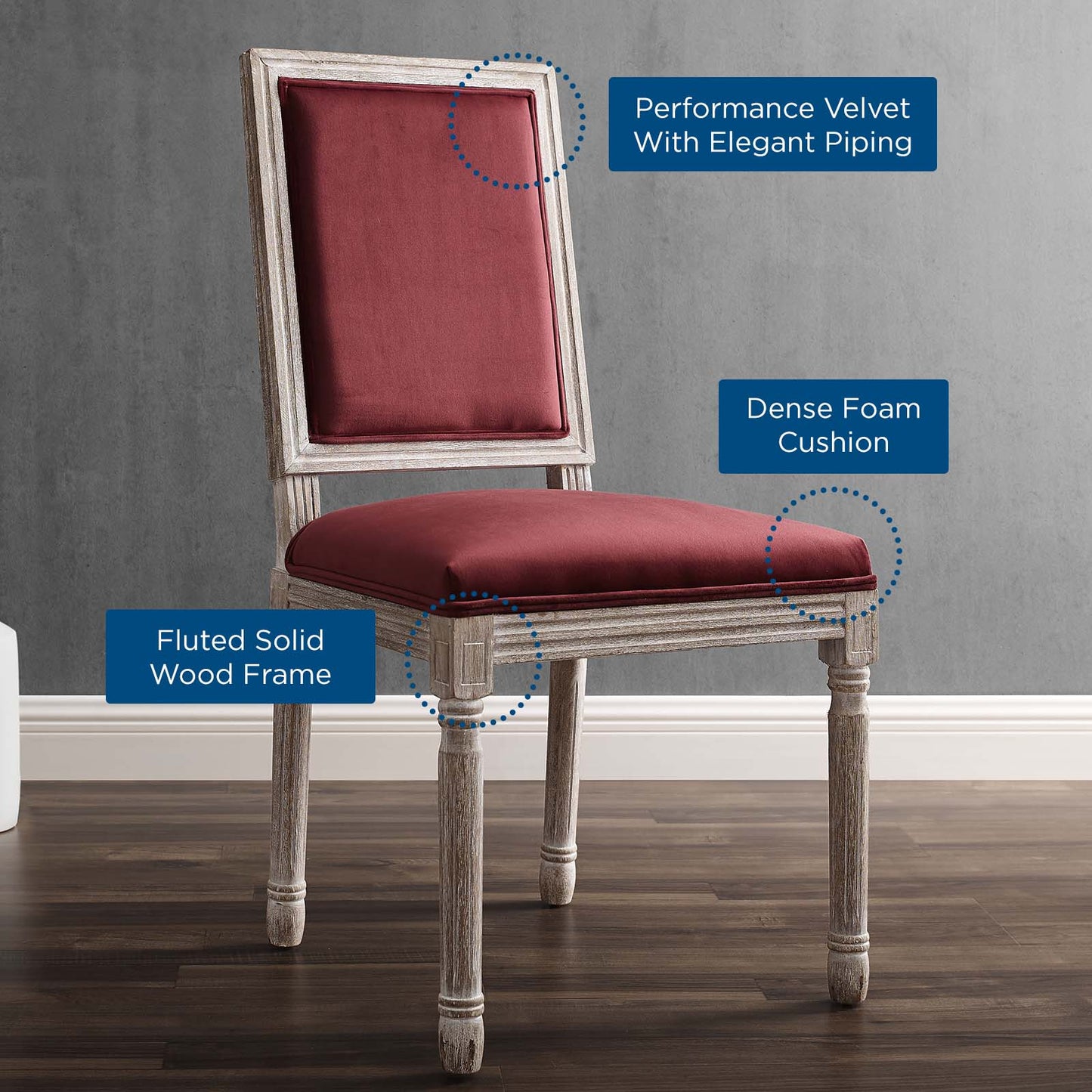 Court French Vintage Performance Velvet Dining Side Chair, Velvet, Wood, Brown Natural Red, 23260