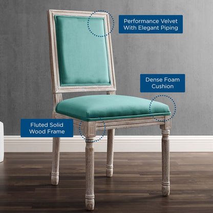 Court French Vintage Performance Velvet Dining Side Chair, Velvet, Wood, Brown Natural Blue, 23261