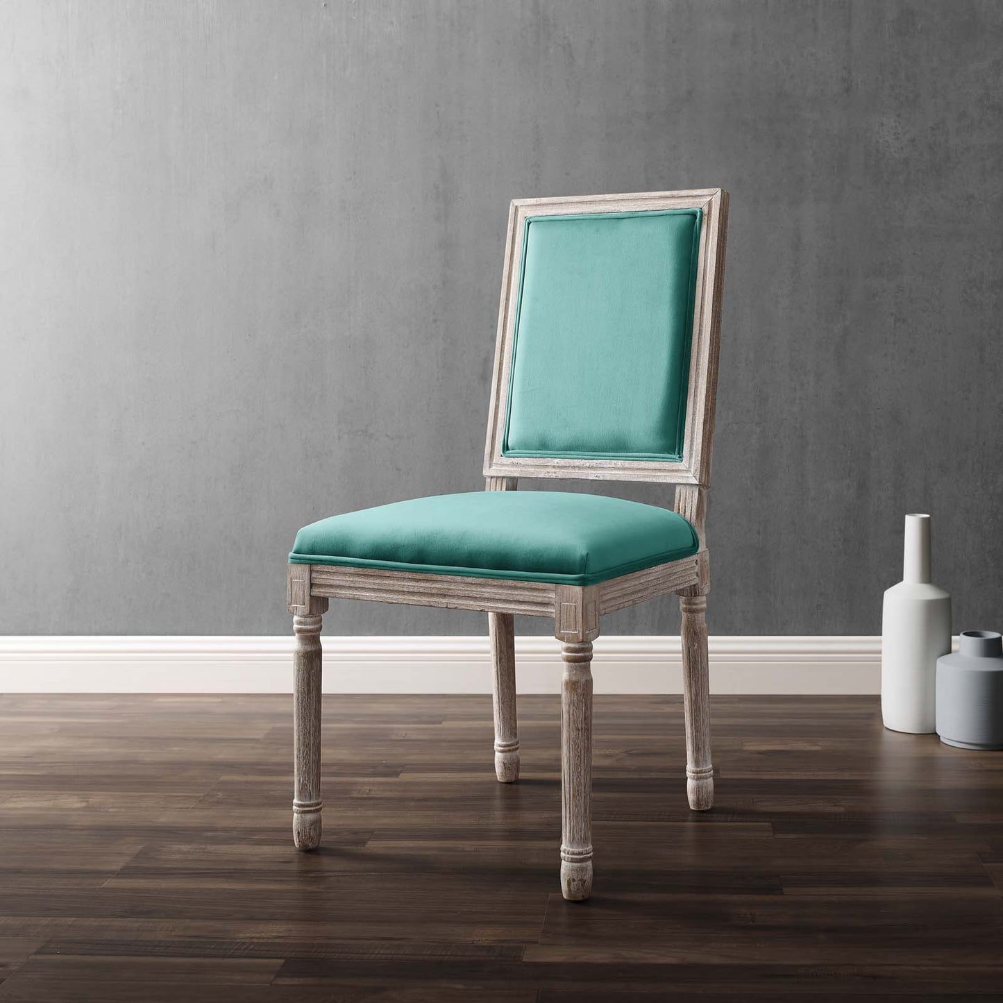 Court French Vintage Performance Velvet Dining Side Chair, Velvet, Wood, Brown Natural Blue, 23261