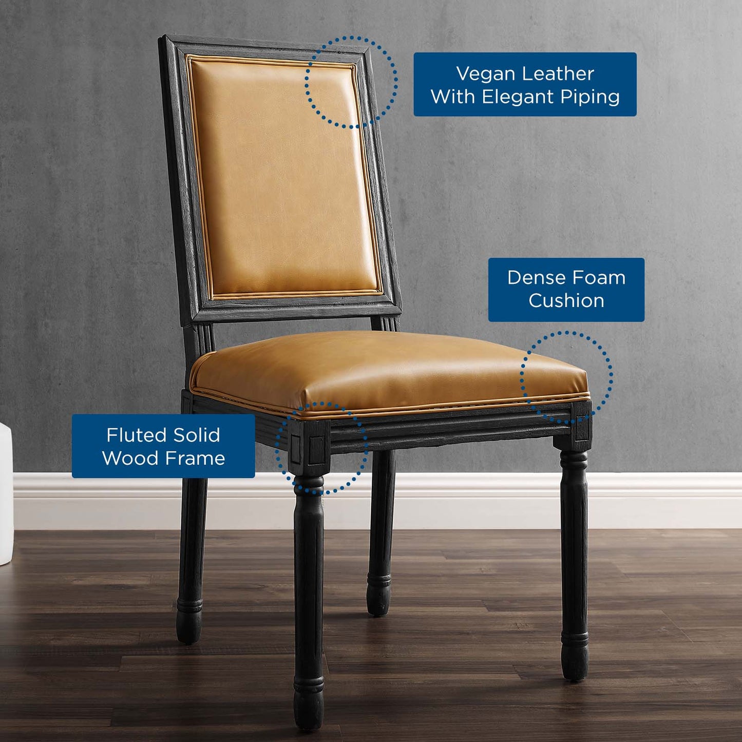 Court French Vintage Vegan Leather Dining Side Chair, Faux Vegan Leather, Wood, Black Tan, 23262