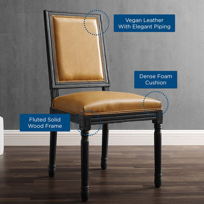 Court French Vintage Vegan Leather Dining Side Chair, Faux Vegan Leather, Wood, Black Tan, 23262