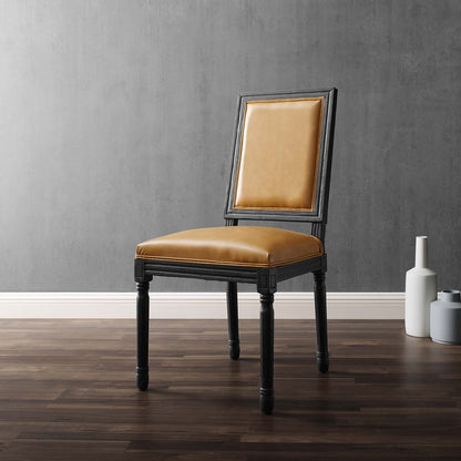 Court French Vintage Vegan Leather Dining Side Chair, Faux Vegan Leather, Wood, Black Tan, 23262