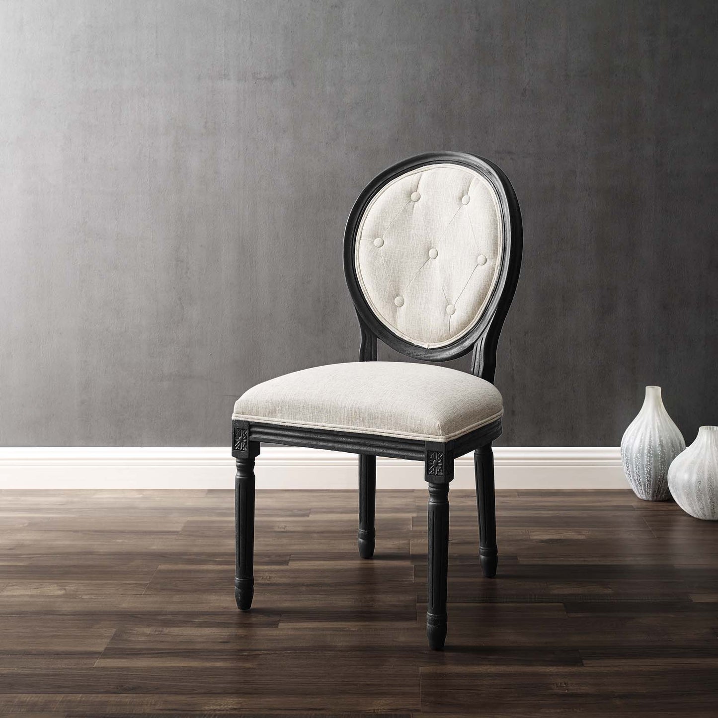Arise Vintage French Upholstered Fabric Dining Side Chair, Fabric, Wood, Black Beige, 23263