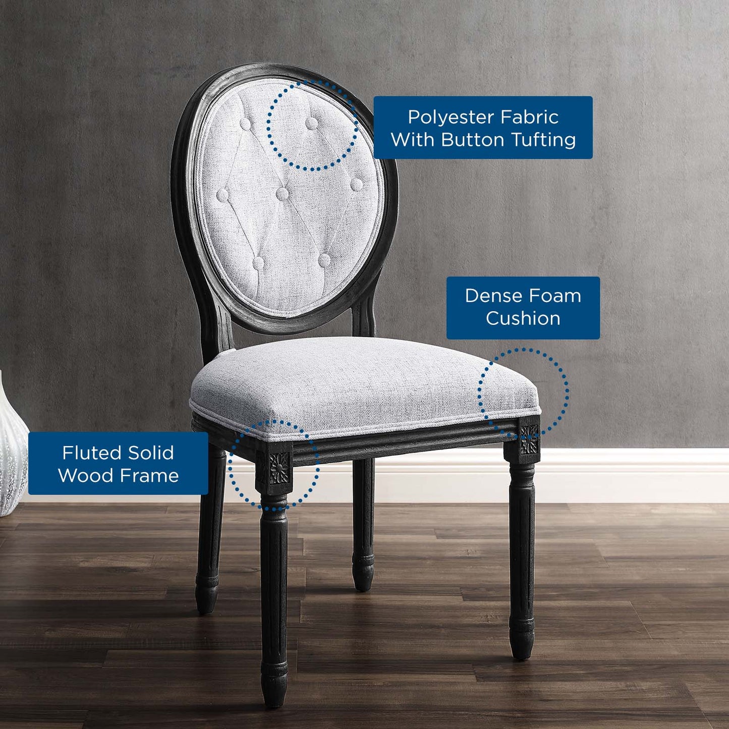 Arise Vintage French Upholstered Fabric Dining Side Chair, Fabric, Wood, Black Grey Gray, 23264
