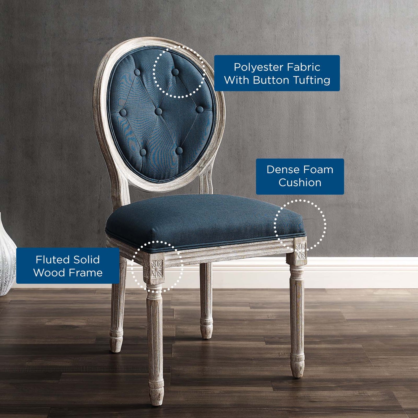 Arise Vintage French Upholstered Fabric Dining Side Chair, Fabric, Wood, Brown Natural Light Blue, 23266
