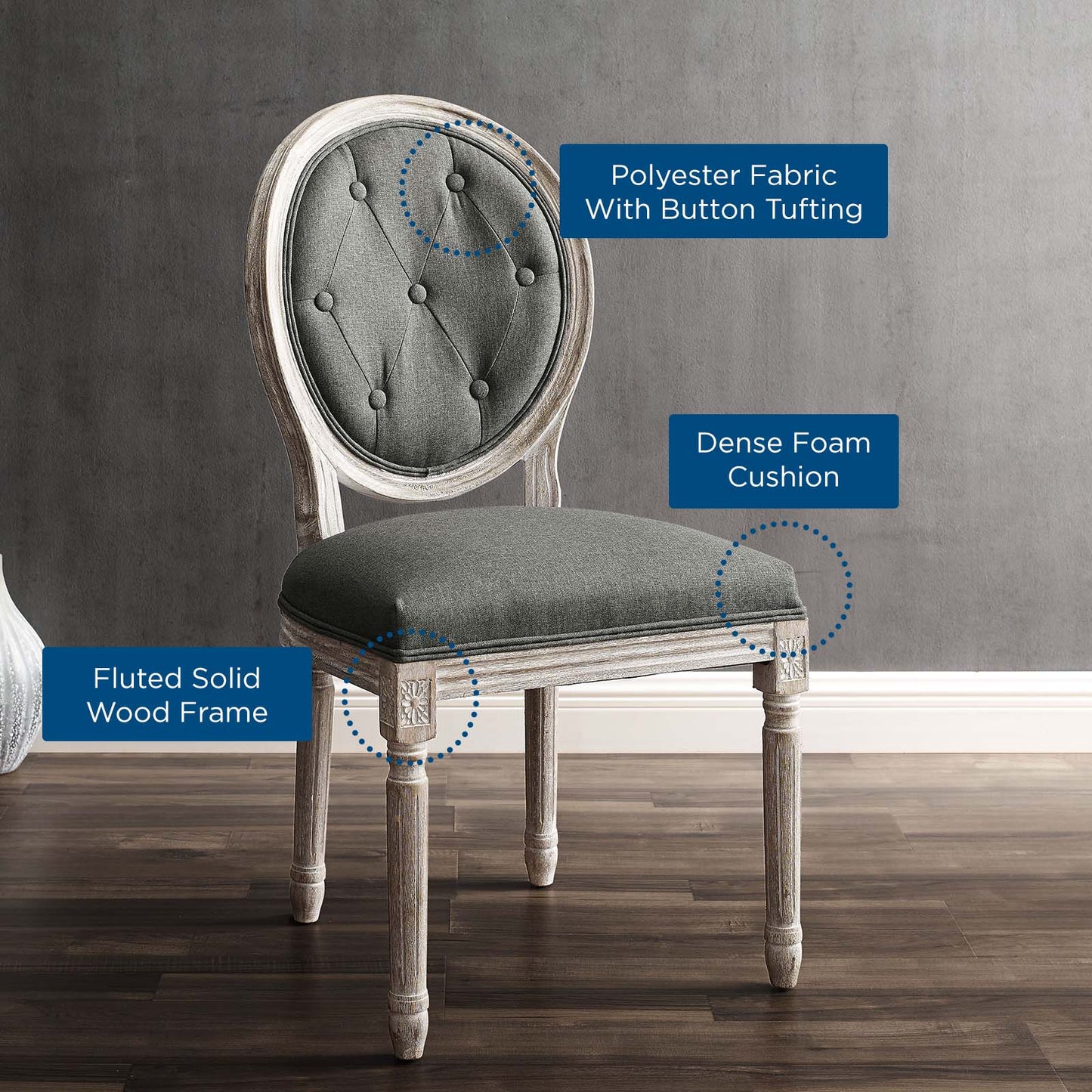 Arise Vintage French Upholstered Fabric Dining Side Chair, Fabric, Wood, Brown Natural Grey Gray, 23267