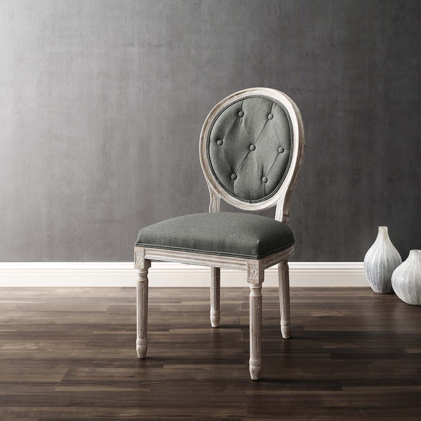Arise Vintage French Upholstered Fabric Dining Side Chair, Fabric, Wood, Brown Natural Grey Gray, 23267
