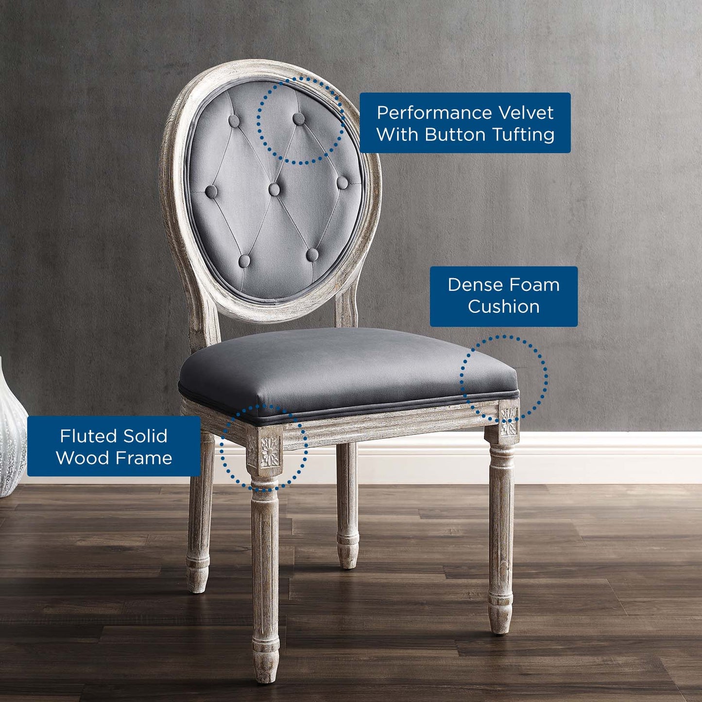 Arise Vintage French Performance Velvet Dining Side Chair, Velvet, Wood, Brown Natural Grey Gray, 23277
