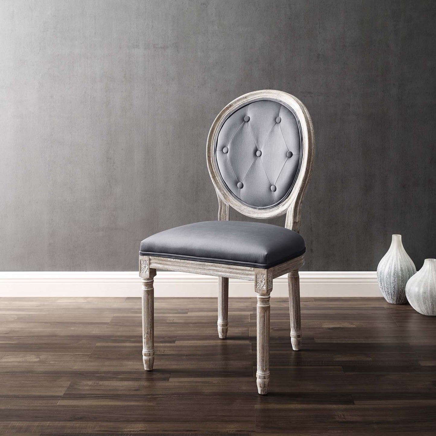 Arise Vintage French Performance Velvet Dining Side Chair, Velvet, Wood, Brown Natural Grey Gray, 23277