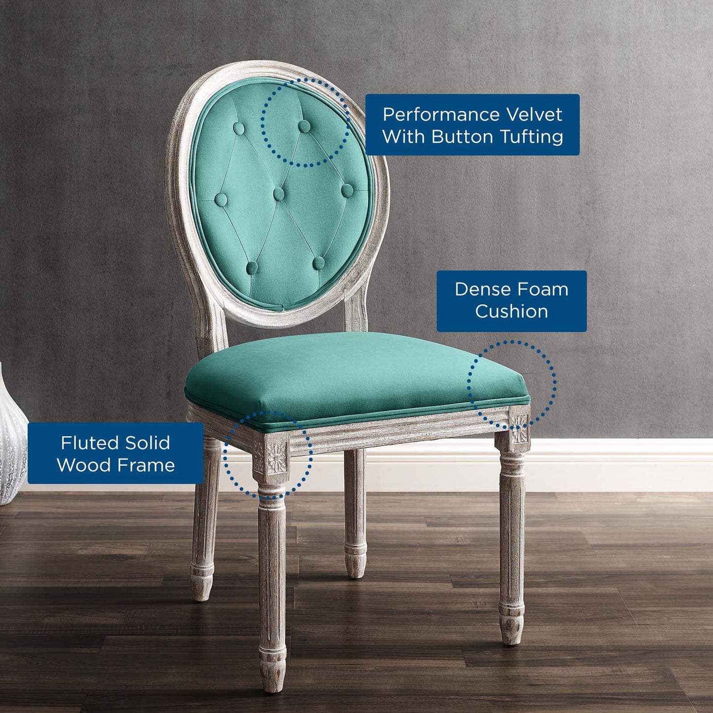 Arise Vintage French Performance Velvet Dining Side Chair, Velvet, Wood, Brown Natural Blue, 23279