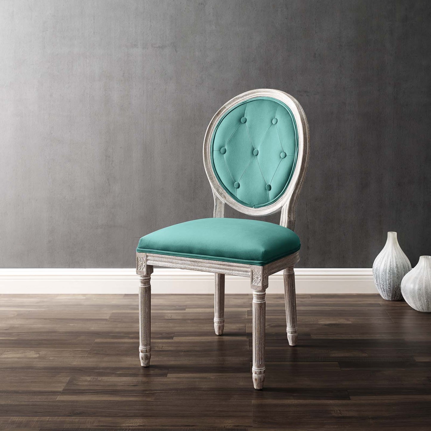 Arise Vintage French Performance Velvet Dining Side Chair, Velvet, Wood, Brown Natural Blue, 23279