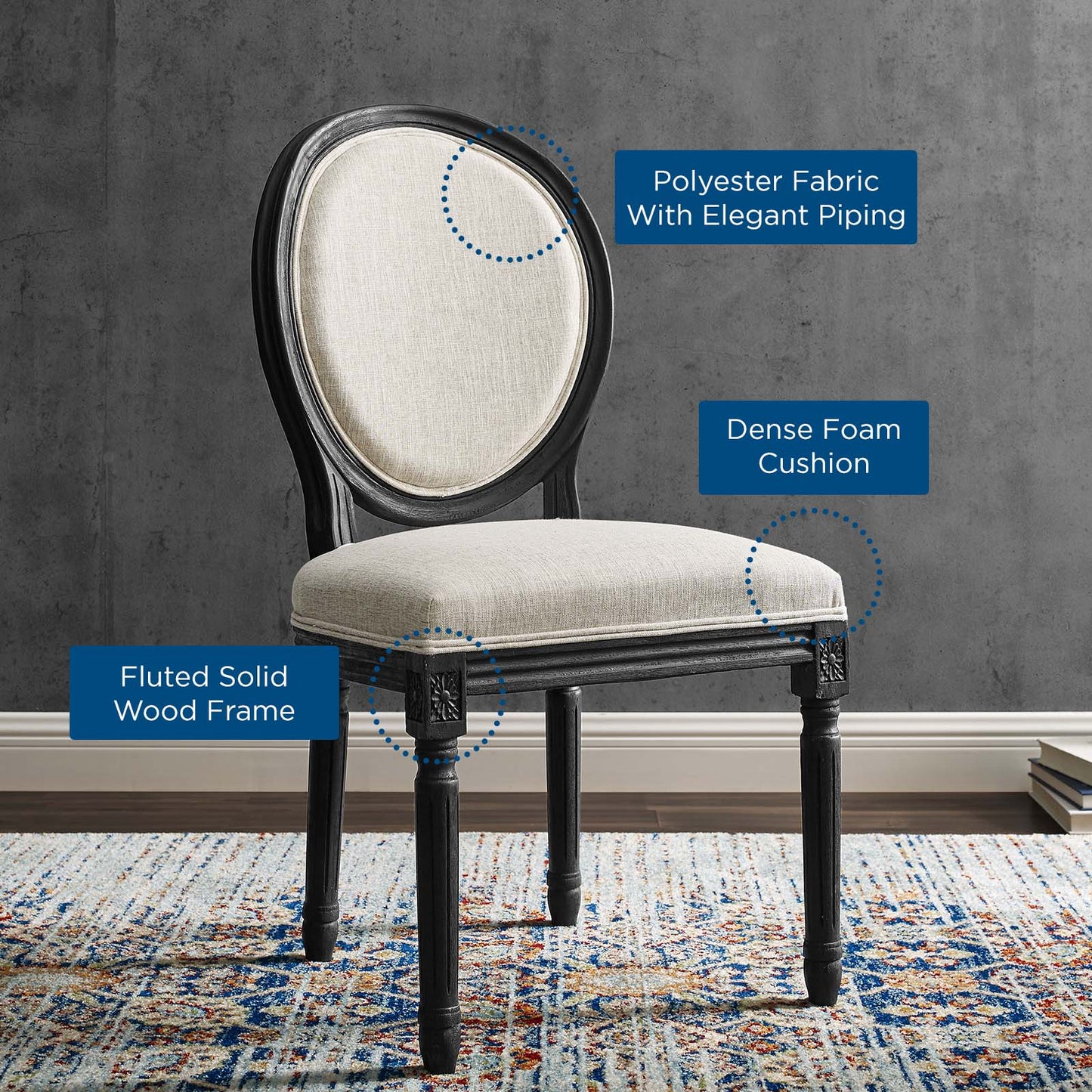 Emanate Vintage French Upholstered Fabric Dining Side Chair, Fabric, Wood, Black Beige, 23281