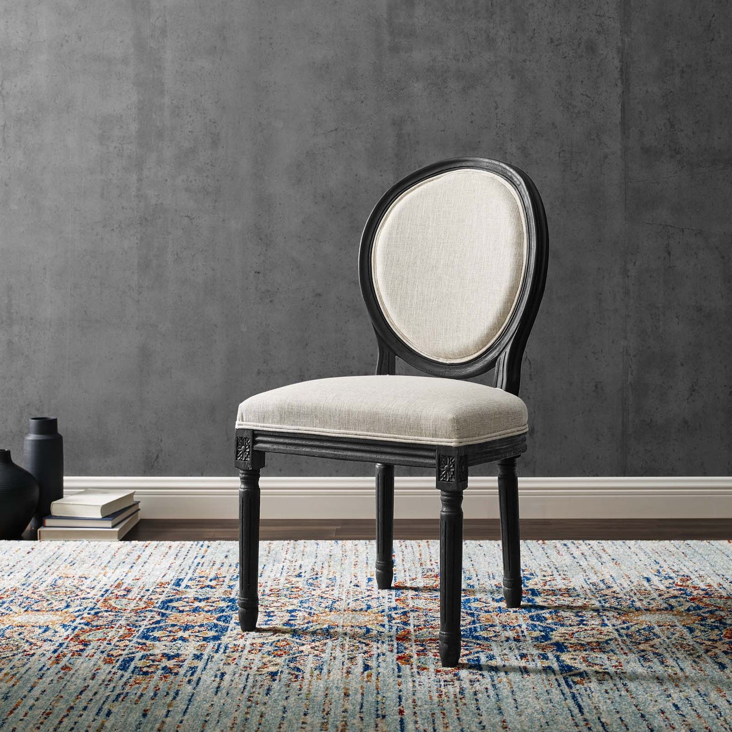 Emanate Vintage French Upholstered Fabric Dining Side Chair, Fabric, Wood, Black Beige, 23281