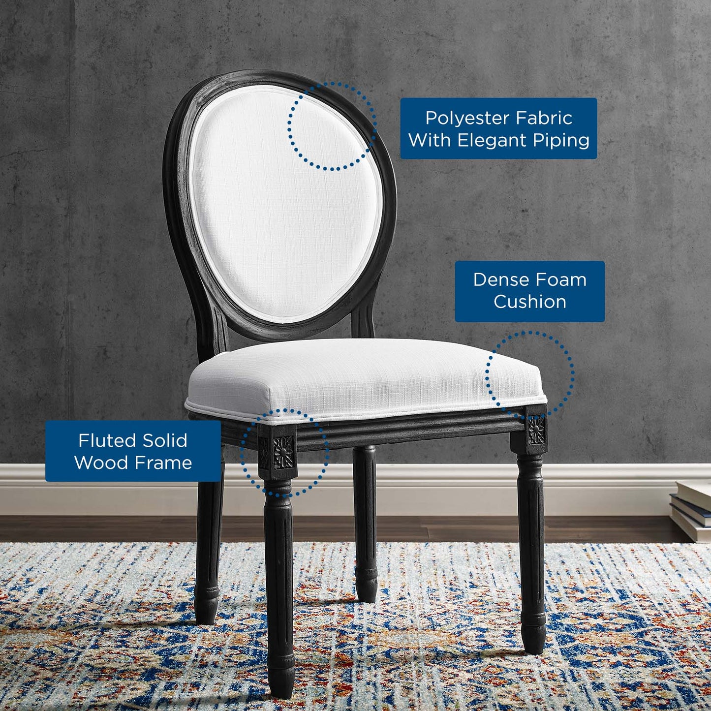 Emanate Vintage French Upholstered Fabric Dining Side Chair, Fabric, Wood, Black White, 23283