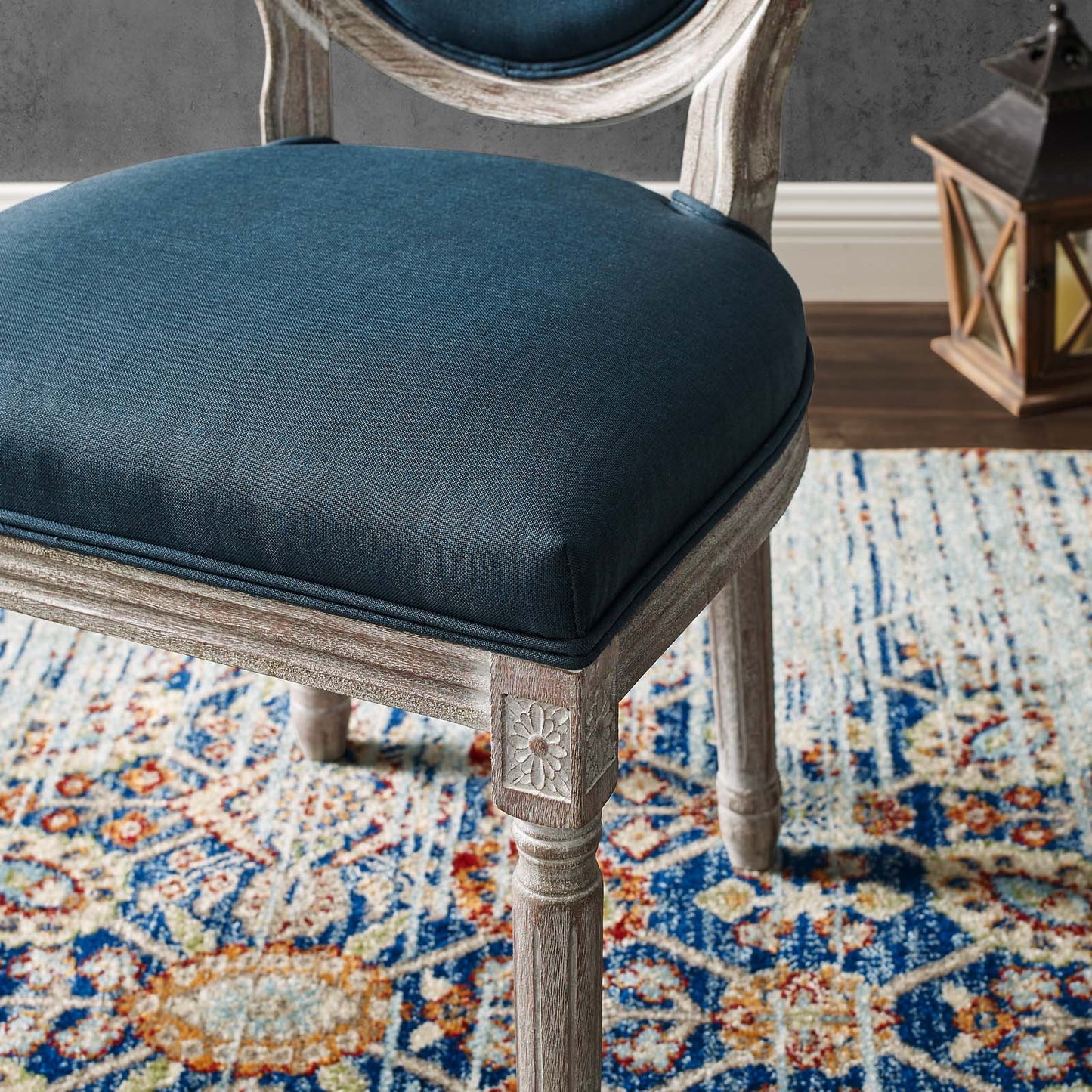 Emanate Vintage French Upholstered Fabric Dining Side Chair, Fabric, Wood, Brown Natural Blue, 23284