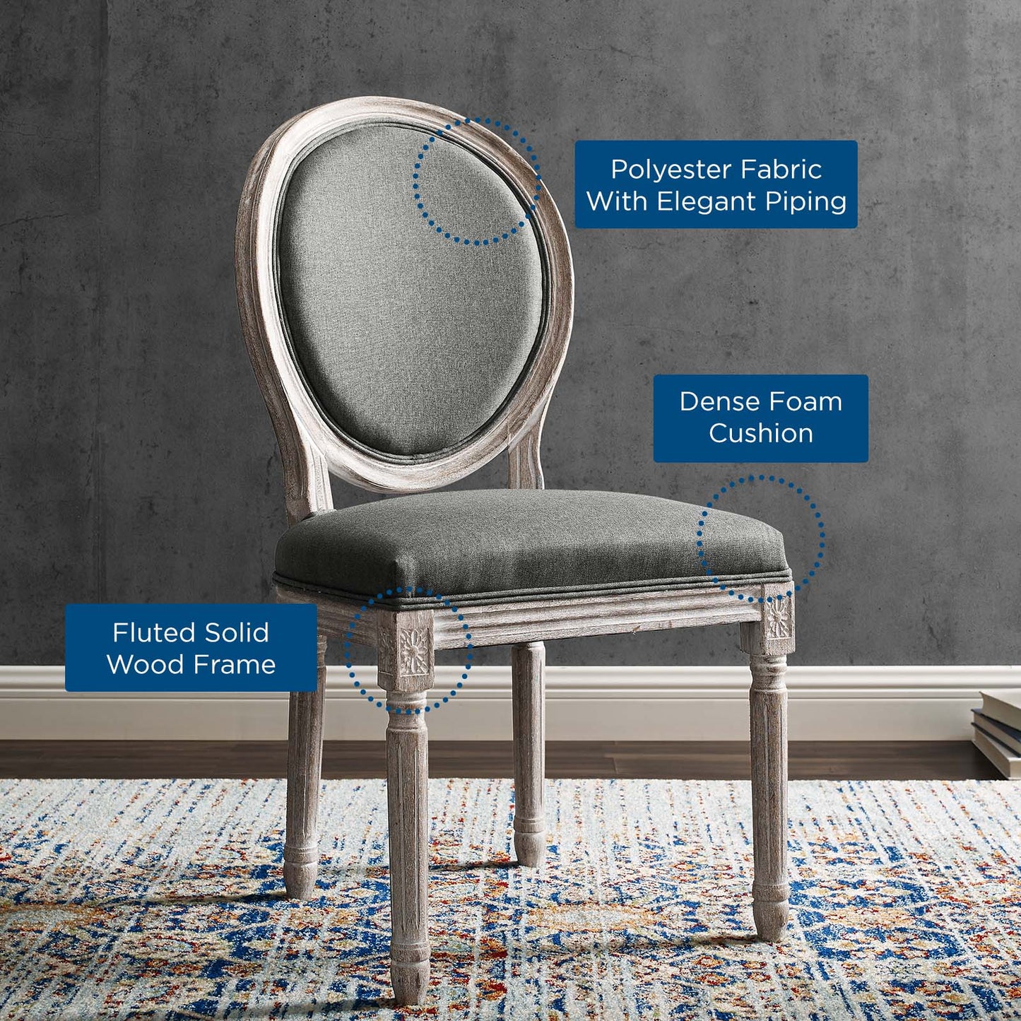 Emanate Vintage French Upholstered Fabric Dining Side Chair, Fabric, Wood, Brown Natural Grey Gray, 23285