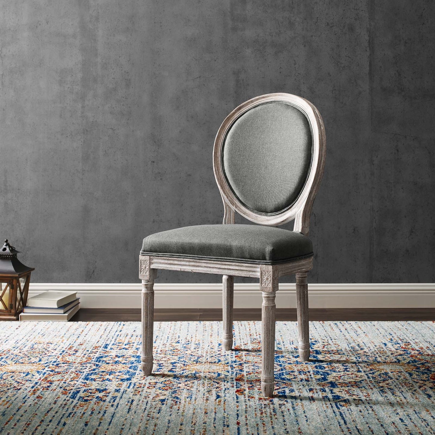 Emanate Vintage French Upholstered Fabric Dining Side Chair, Fabric, Wood, Brown Natural Grey Gray, 23285