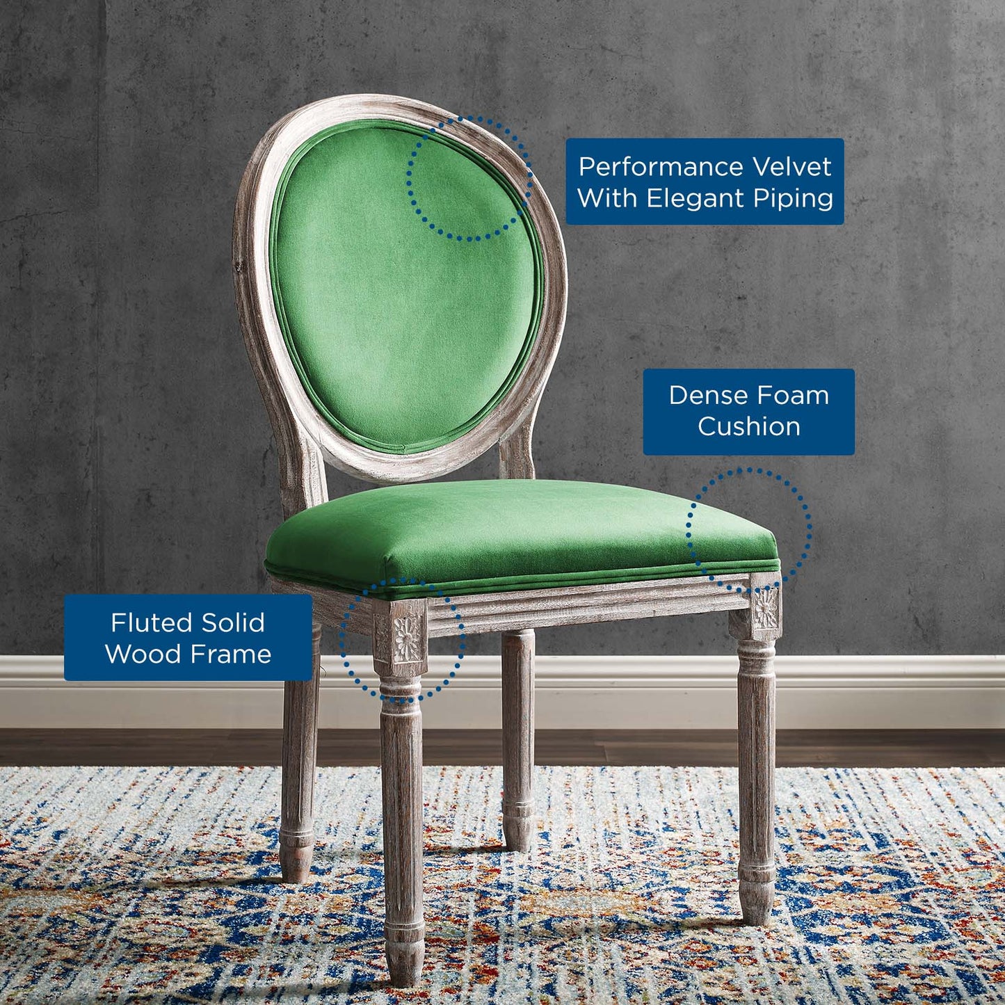 Emanate Vintage French Performance Velvet Dining Side Chair, Velvet, Wood, Brown Natural Green, 23286