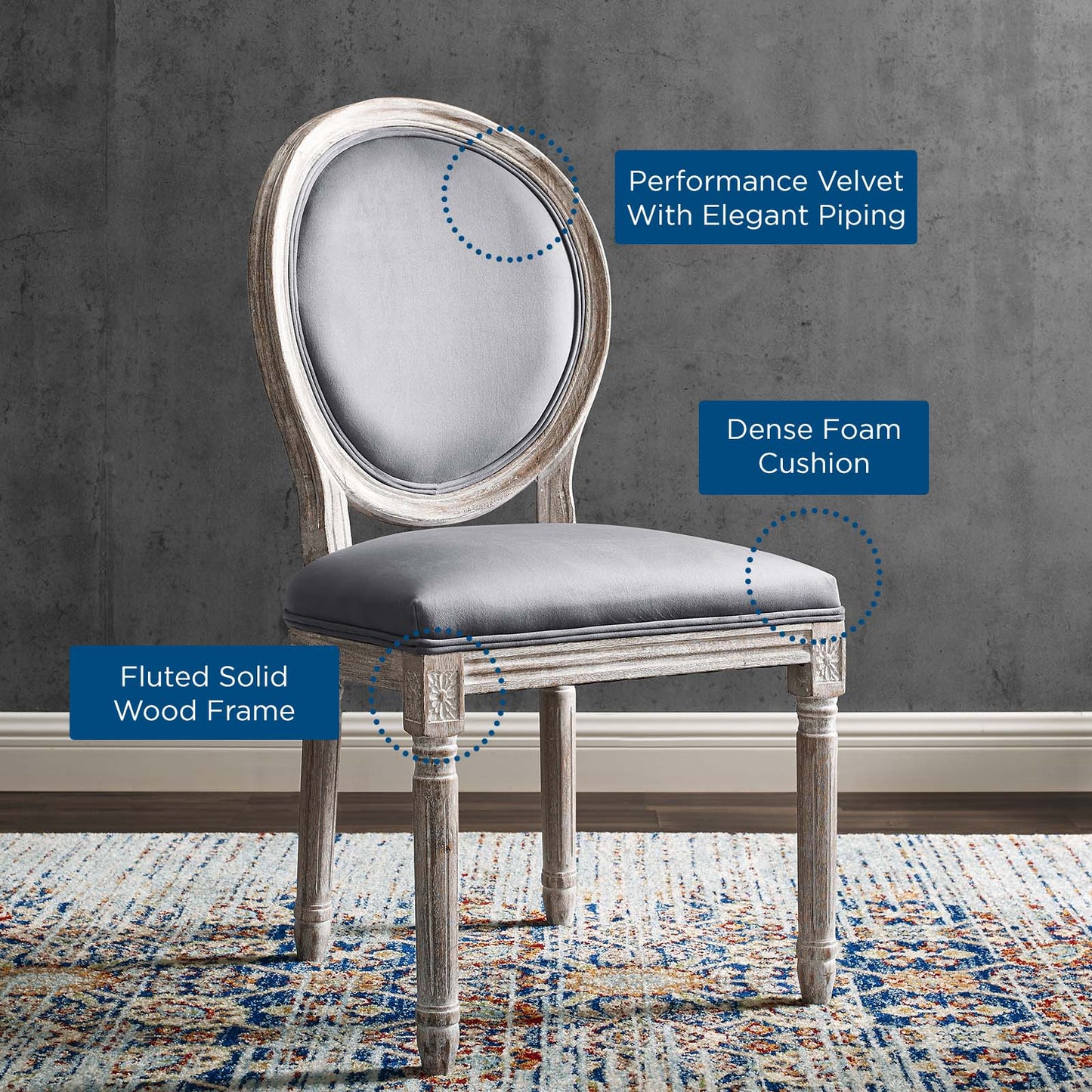 Emanate Vintage French Performance Velvet Dining Side Chair, Velvet, Wood, Brown Natural Grey Gray, 23287