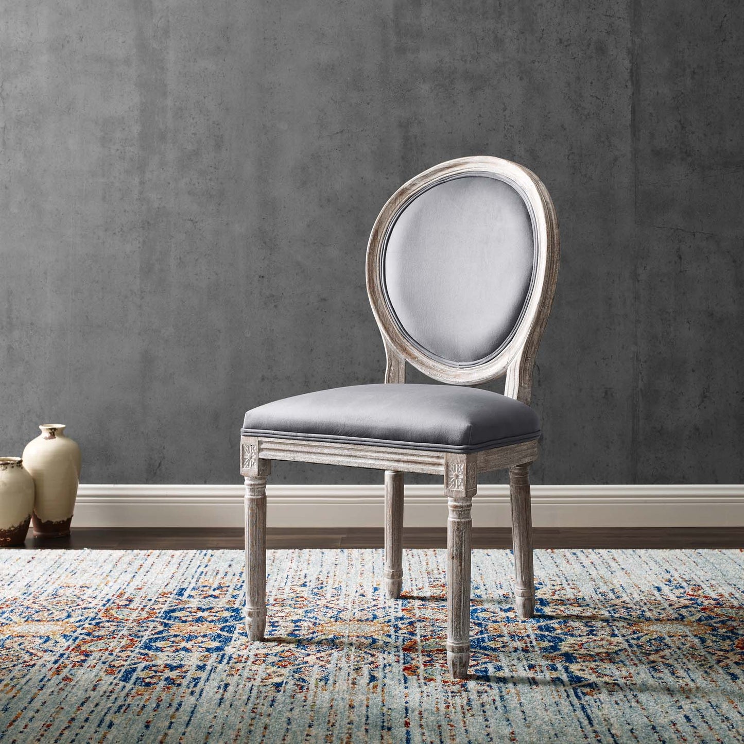 Emanate Vintage French Performance Velvet Dining Side Chair, Velvet, Wood, Brown Natural Grey Gray, 23287