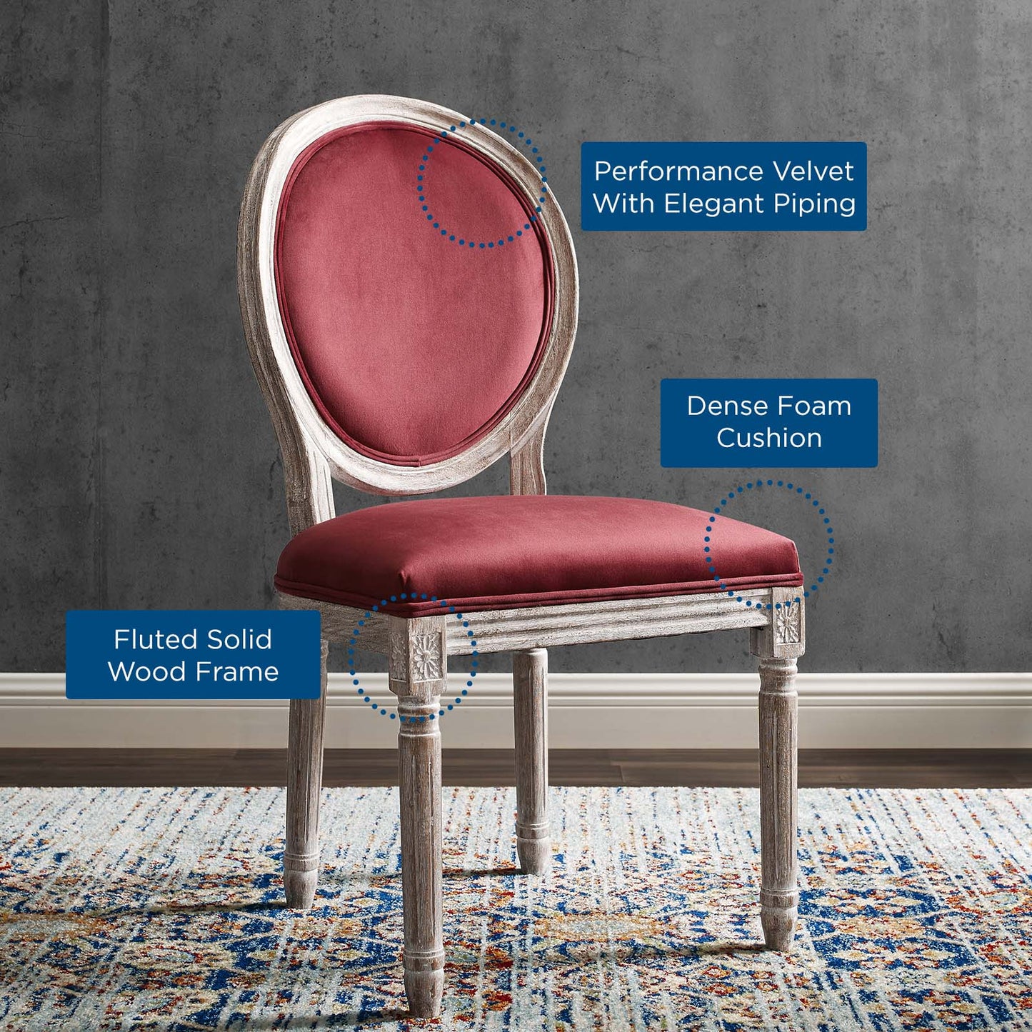 Emanate Vintage French Performance Velvet Dining Side Chair, Velvet, Wood, Brown Natural Red, 23288