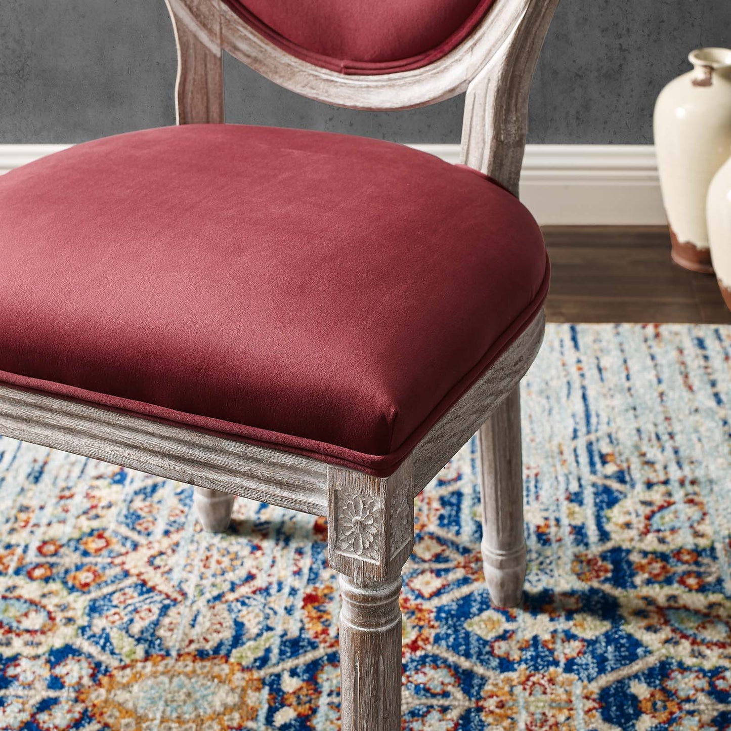 Emanate Vintage French Performance Velvet Dining Side Chair, Velvet, Wood, Brown Natural Red, 23288