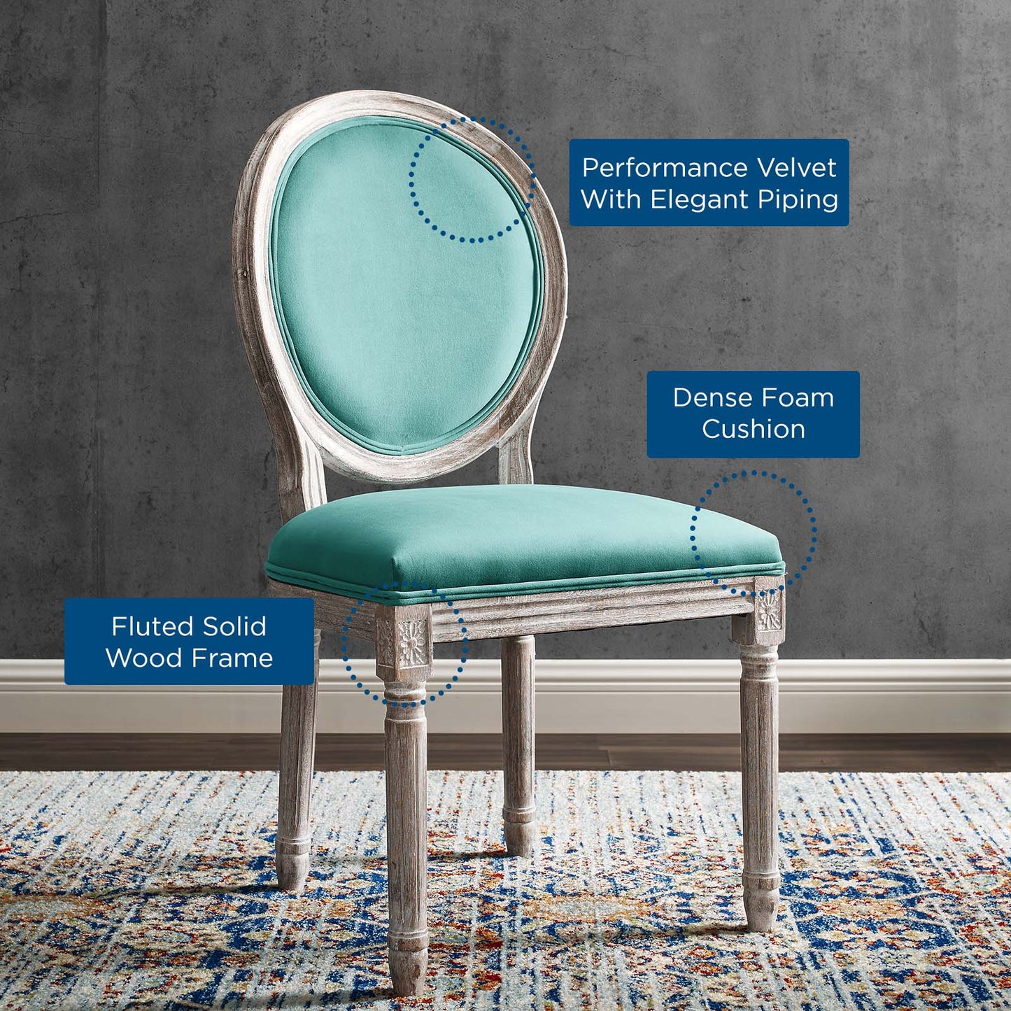 Emanate Vintage French Performance Velvet Dining Side Chair, Velvet, Wood, Brown Natural Blue, 23289