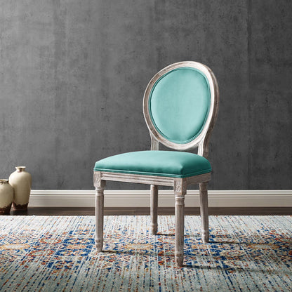 Emanate Vintage French Performance Velvet Dining Side Chair, Velvet, Wood, Brown Natural Blue, 23289