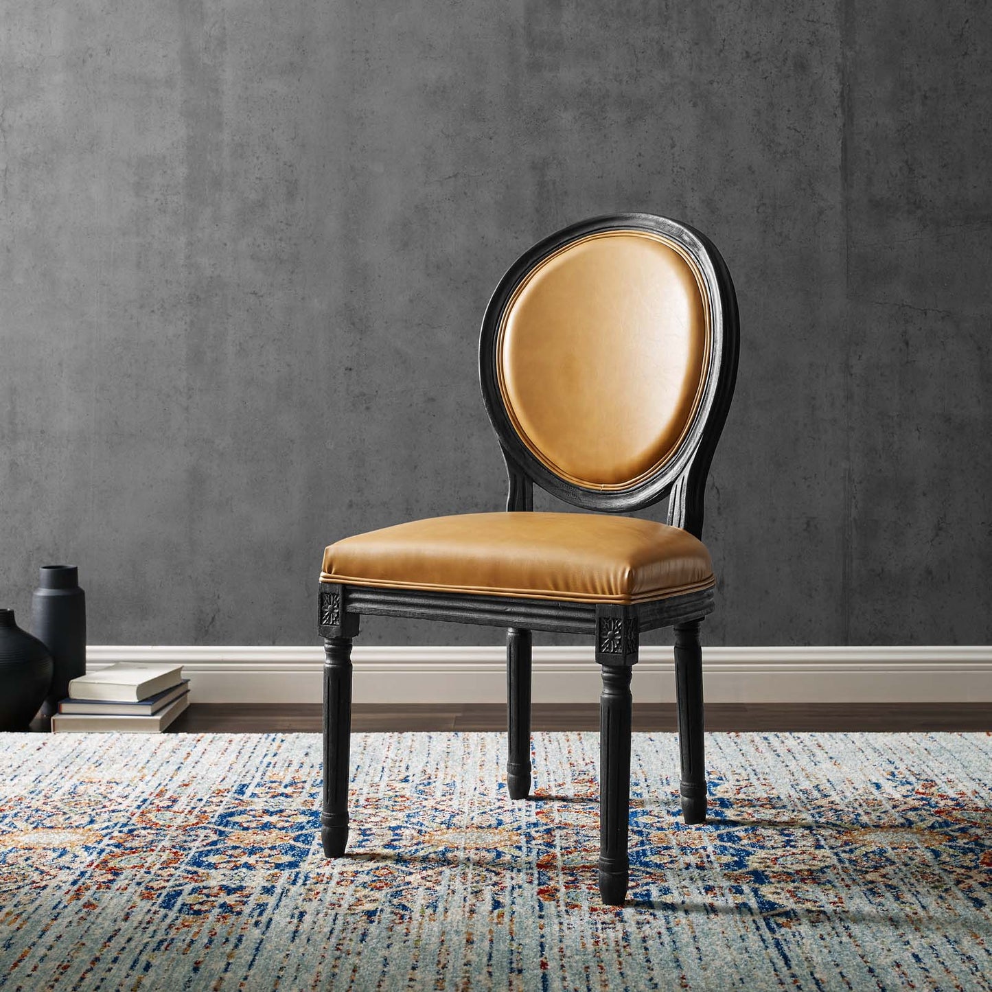 Emanate Vintage French Vegan Leather Dining Side Chair, Faux Vegan Leather, Wood, Black Tan, 23290