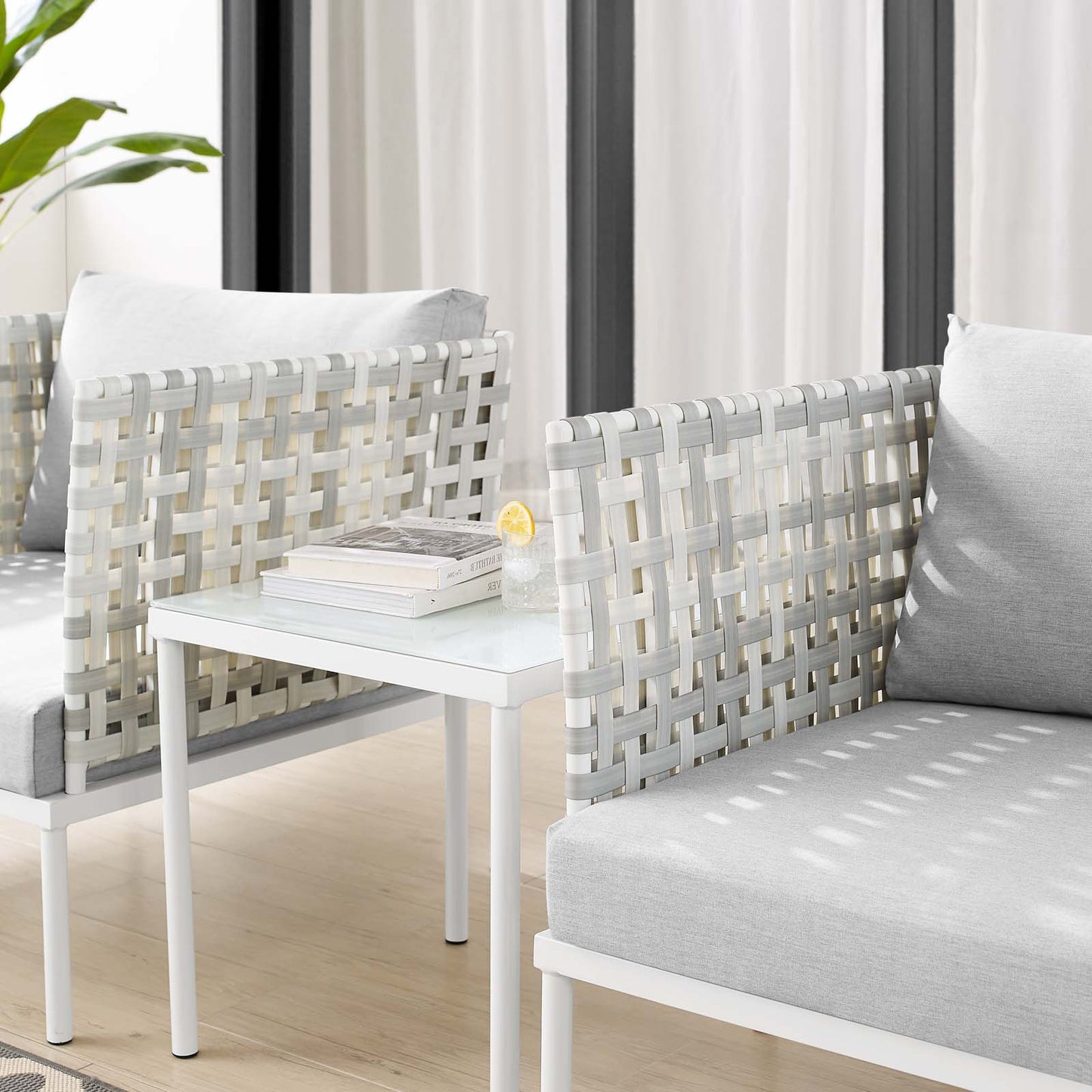 Harmony 3-Piece Sunbrella® Basket Weave Outdoor Patio Aluminum Seating Set, Aluminum, Metal, Steel, Grey Gray, 20417
