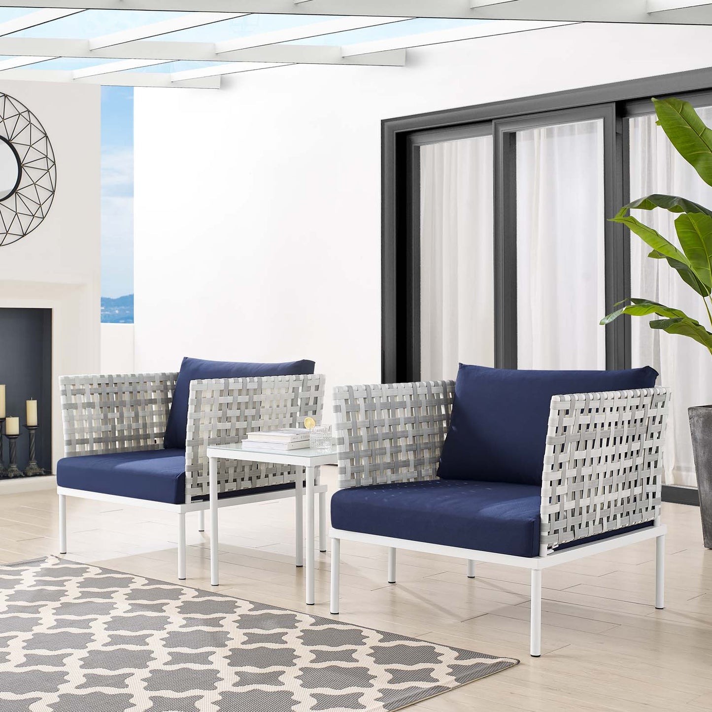 Harmony 3-Piece Sunbrella® Basket Weave Outdoor Patio Aluminum Seating Set, Aluminum, Metal, Steel, Blue Navy, 20418