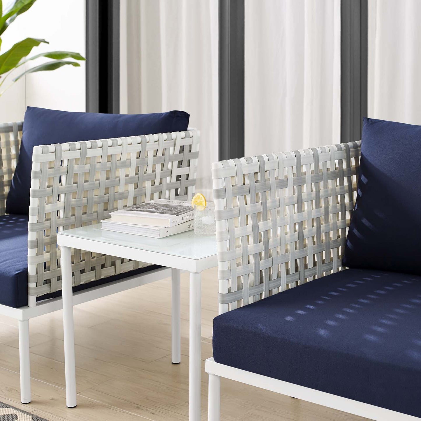Harmony 3-Piece Sunbrella® Basket Weave Outdoor Patio Aluminum Seating Set, Aluminum, Metal, Steel, Blue Navy, 20418