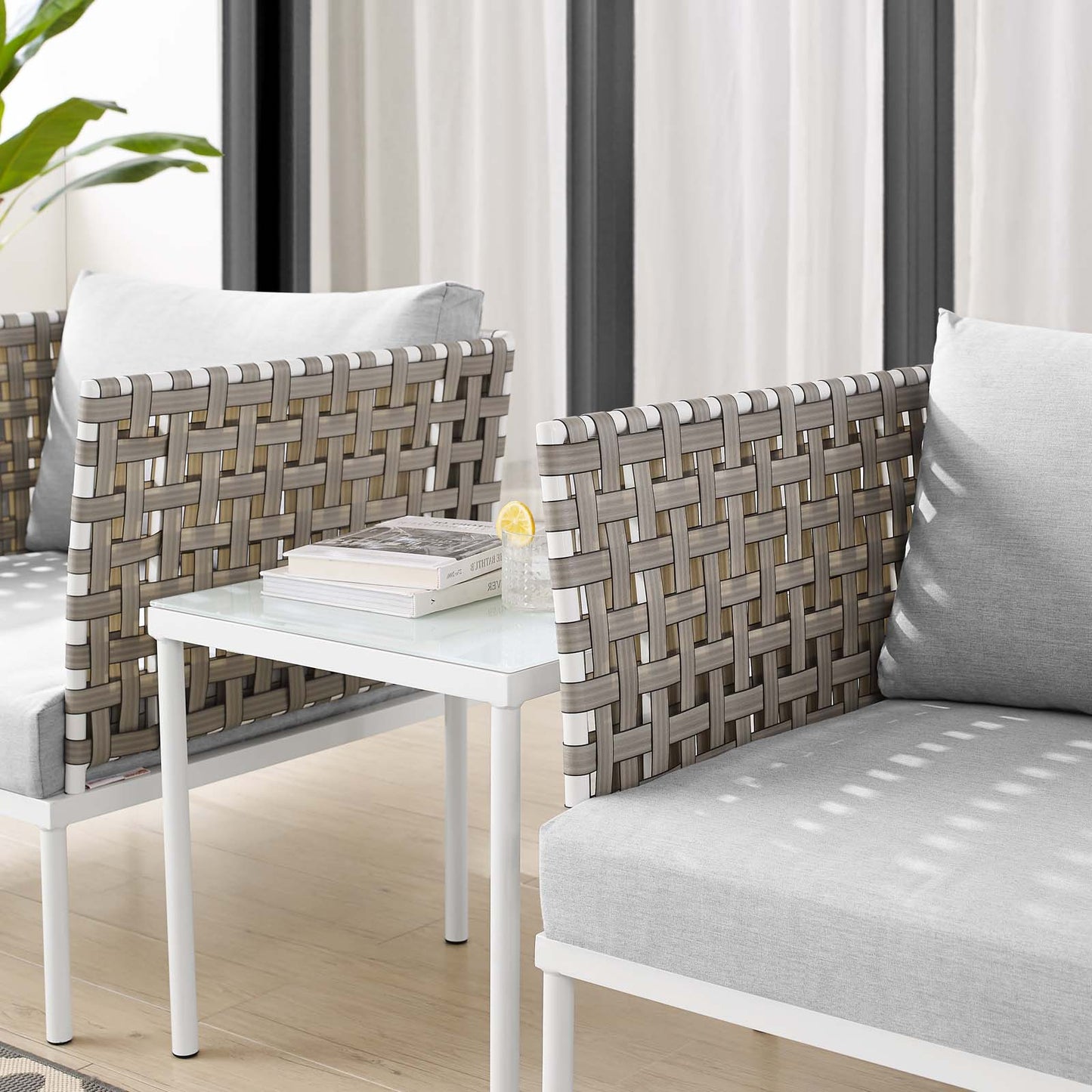 Harmony 3-Piece Sunbrella® Basket Weave Outdoor Patio Aluminum Seating Set, Aluminum, Metal, Steel, Grey Gray, 20419