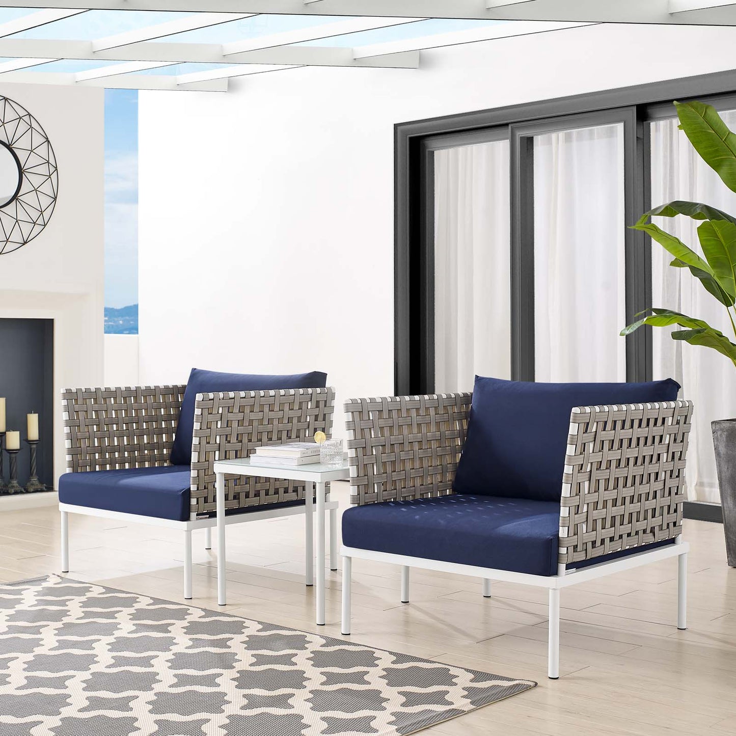 Harmony 3-Piece Sunbrella® Basket Weave Outdoor Patio Aluminum Seating Set, Aluminum, Metal, Steel, Blue Navy, 20420