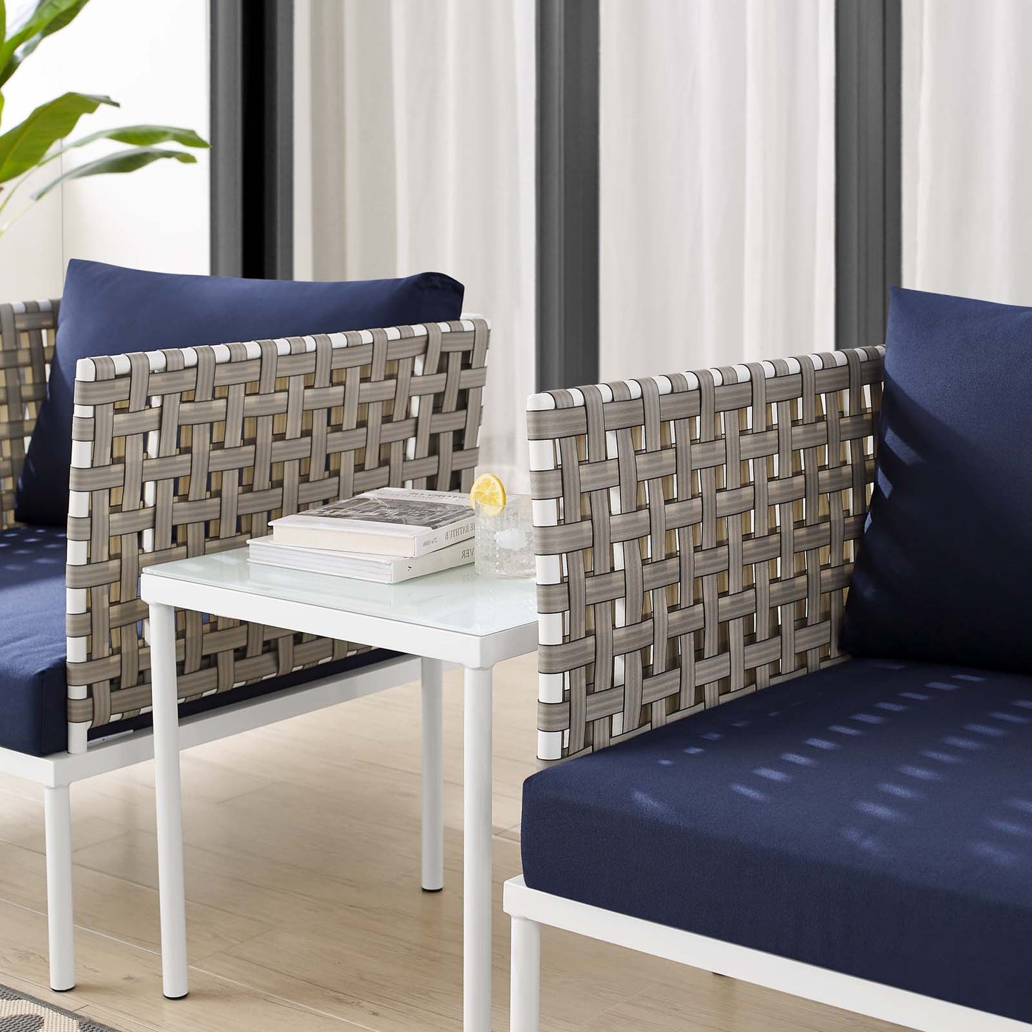 Harmony 3-Piece Sunbrella® Basket Weave Outdoor Patio Aluminum Seating Set, Aluminum, Metal, Steel, Blue Navy, 20420