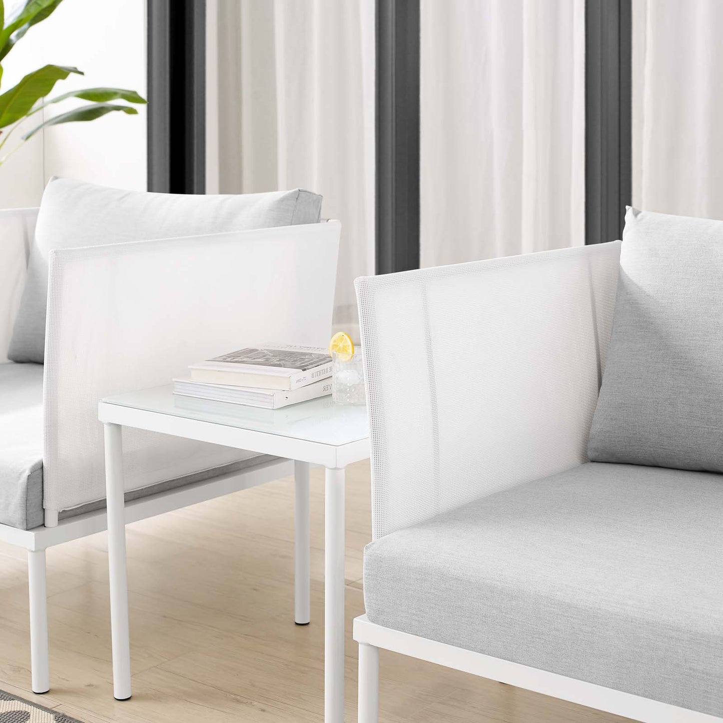 Harmony 3-Piece Sunbrella® Outdoor Patio Aluminum Seating Set, Aluminum, Metal, Steel, White Grey Gray, 20421