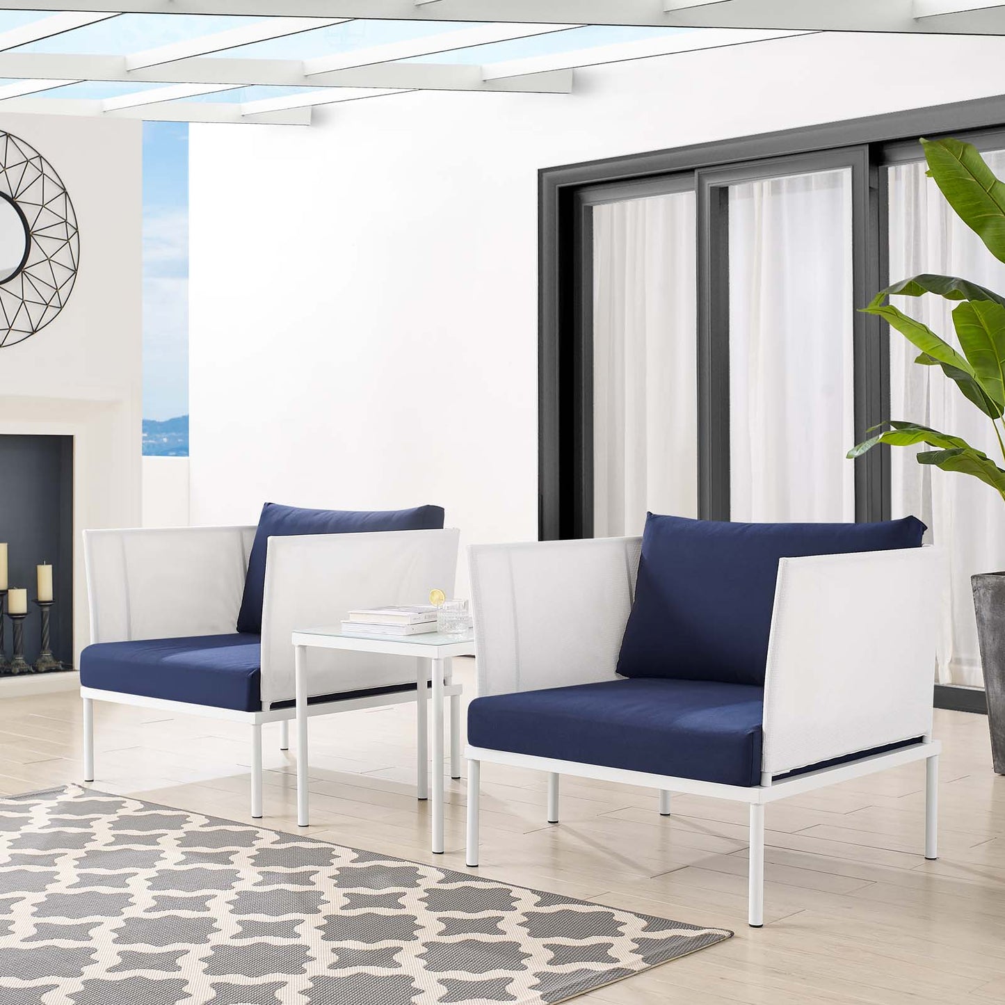 Harmony 3-Piece Sunbrella® Outdoor Patio Aluminum Seating Set, Aluminum, Metal, Steel, White Blue Navy, 20422