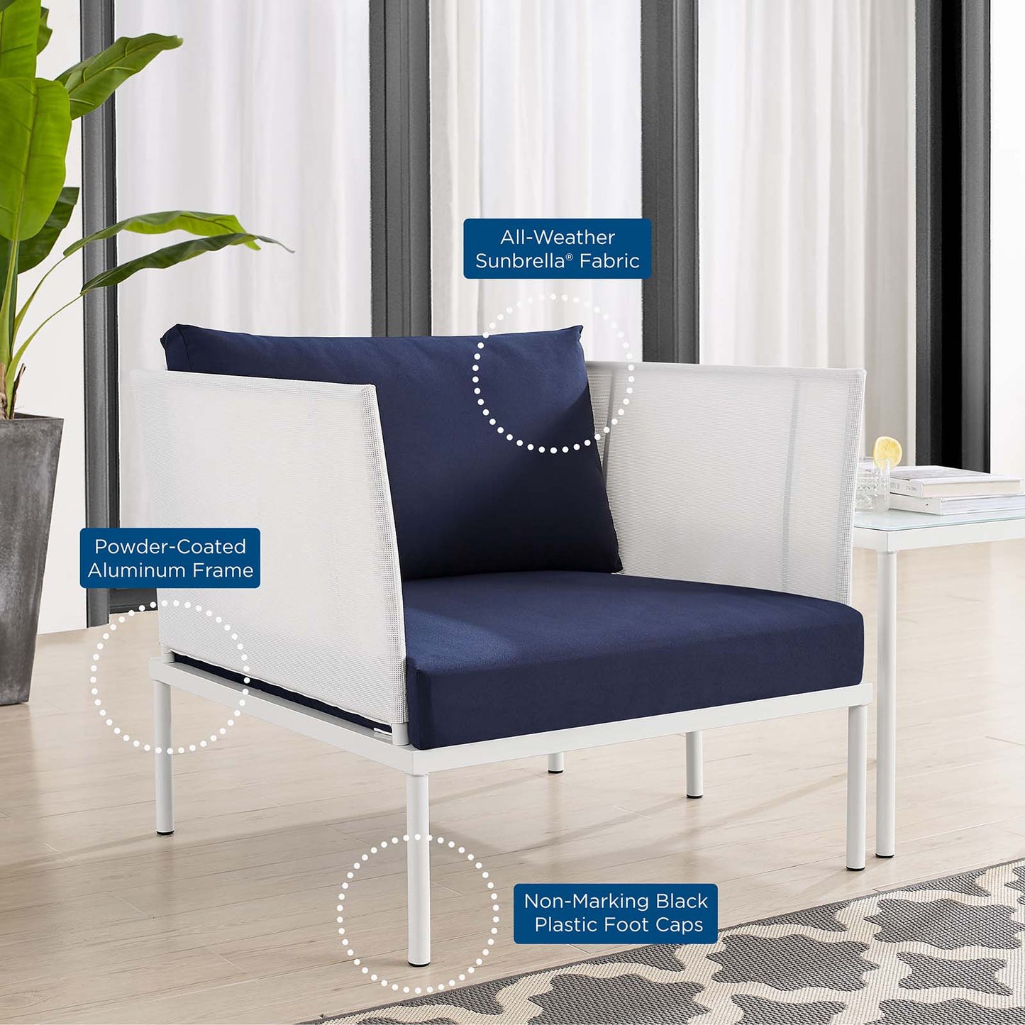 Harmony 3-Piece Sunbrella® Outdoor Patio Aluminum Seating Set, Aluminum, Metal, Steel, White Blue Navy, 20422
