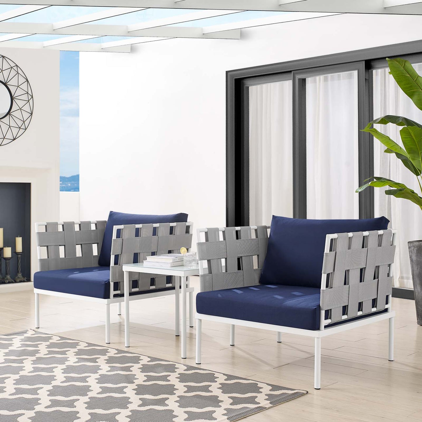 Harmony 3-Piece Sunbrella® Outdoor Patio Aluminum Seating Set, Aluminum, Metal, Steel, Grey Gray Blue Navy, 20424