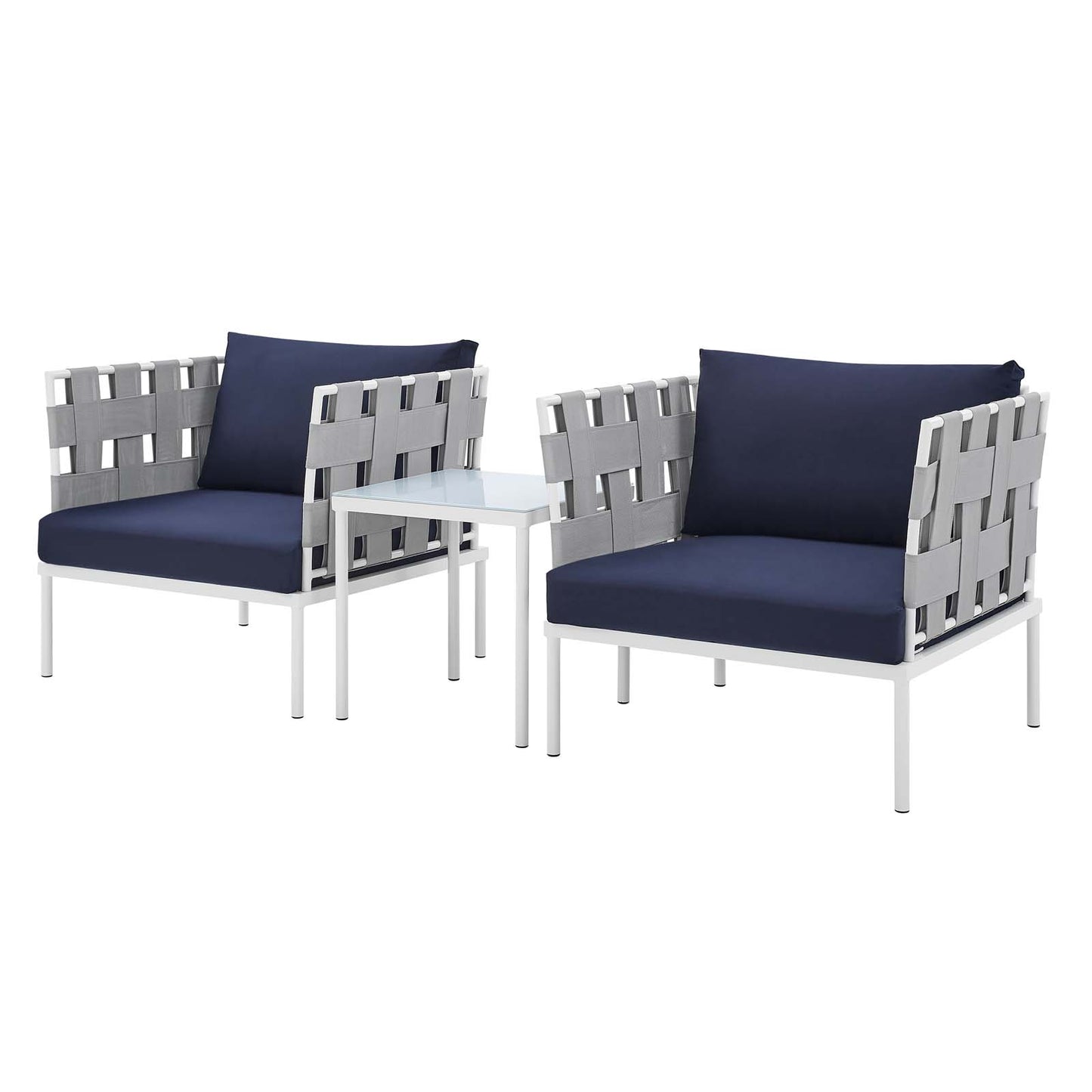 Harmony 3-Piece Sunbrella® Outdoor Patio Aluminum Seating Set, Aluminum, Metal, Steel, Grey Gray Blue Navy, 20424